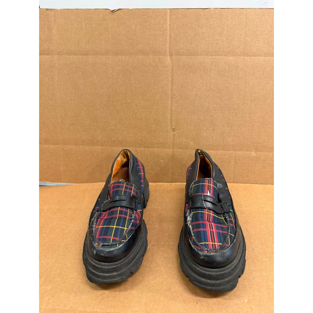 GANNI Plaid Leather Chunky Lug-Sole Loafers Multicolor Womens Size 38 EU